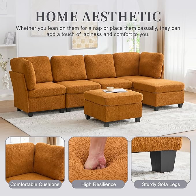 U Shaped Modular Sectional Sofa Couch with Storage Ottoman 6 Seat Convertible Upholstered Deep Seat Sofa with Chaise Lounge Comfy Cloud Couch for Living Room Orange