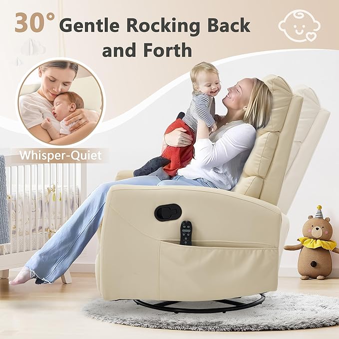 cinkehome Swivel Rocker Recliner Chair Upholstered Nursery Glider Recliner Chair with Heated Massage High Back Side Pocket (Light Yellow PU Leather)