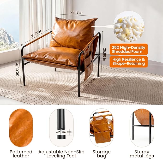 Modern Faux leather Armchair Comfy Accent Chair with Sturdy Metal Frame Wood Armrest And bag Living Room chairs Soft Cushion Lounge couch sofa Chair Oversized Reading chair for Bedroom Patio Porch