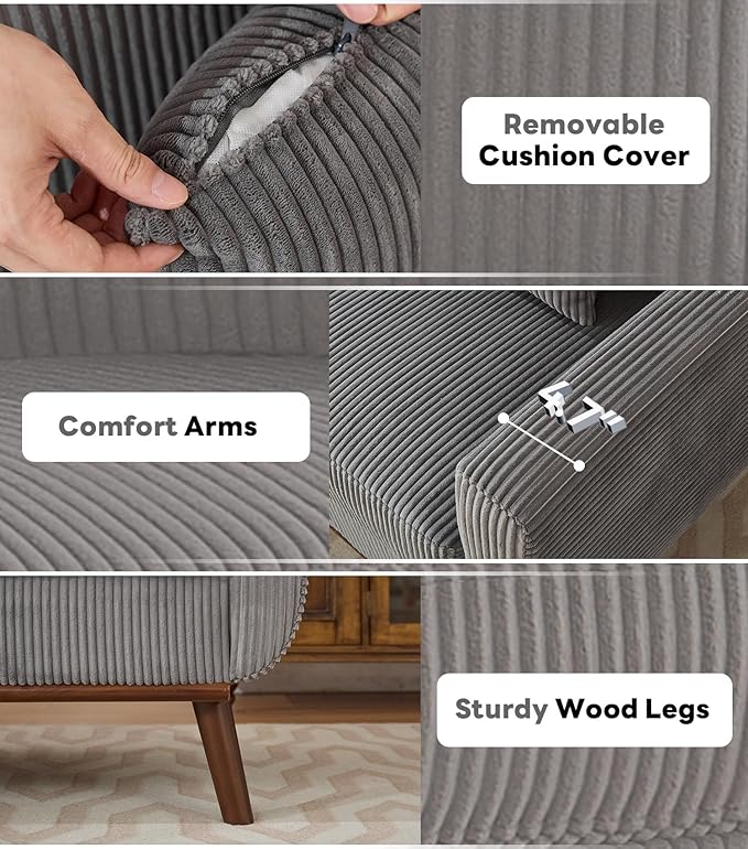 Kingfun 65 Corduroy Love Seat with Spring Cusions Mid Century Modern Loveseat Sofa for Livingroom &amp Bedroom Comfy Upholstered Small Couch Gray | linen fabric button tufted solid wood foot p