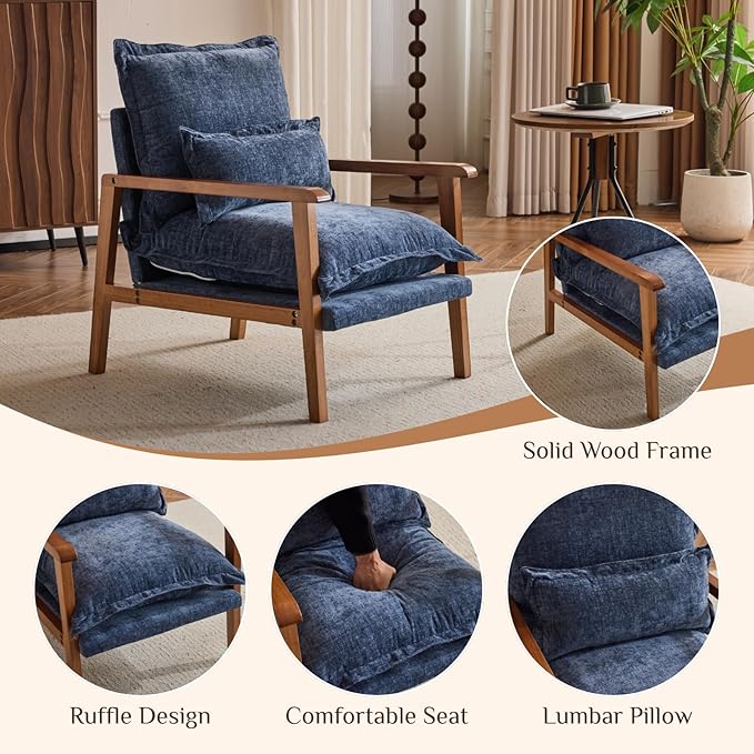 Karl home Midcentury Accent Chair for Living Room Chenille Upholstered Lounge Armchair with Lumbar Pillow Ruffle-Designed Cozy Reading Chair with Wood Legs Dusty Blue