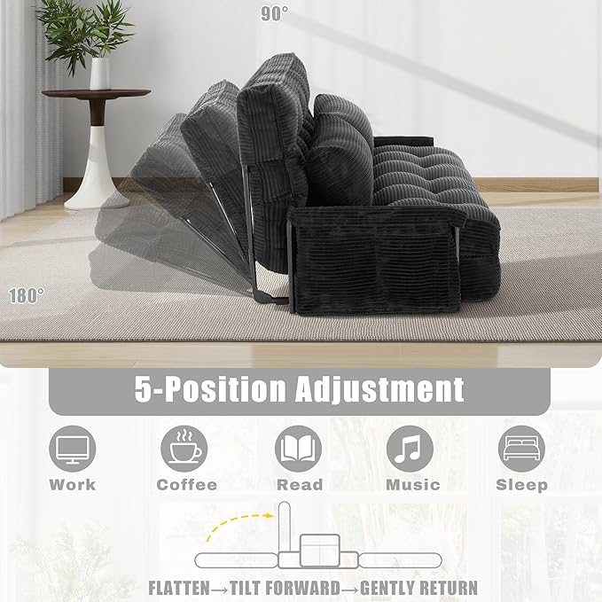 5-Position Adjustable Floor Sofa CouchMulti-Functional Bean Bag BedFoldable Lazy Sofa Sleeper Bed with ArmrestIdeal for Reading and Playing (Black)