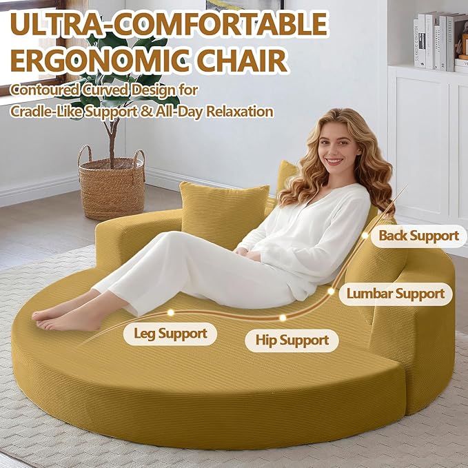 67'' Circular Convertible Compressed Sofa Bed Yellow Corduroy Floor Lounge Round Boneless Couch Loveseat Sleeper Sofa Couch with 3 Cushions No Assembly for Apartment Bedroom
