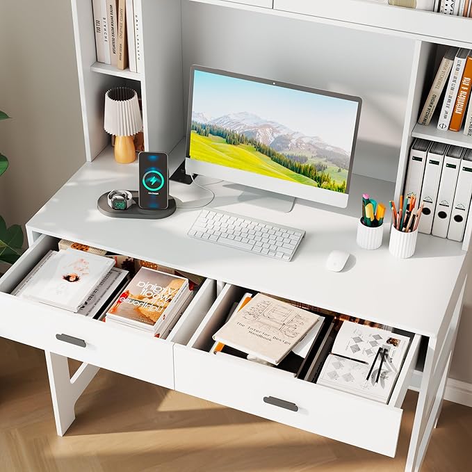 Vlsrka Home Office Desk with Hutch and Drawers 40 Computer Desk with Storage Shelves and LED Lights Modern Wooden Writing Study Table with Charging Station for Bedroom White