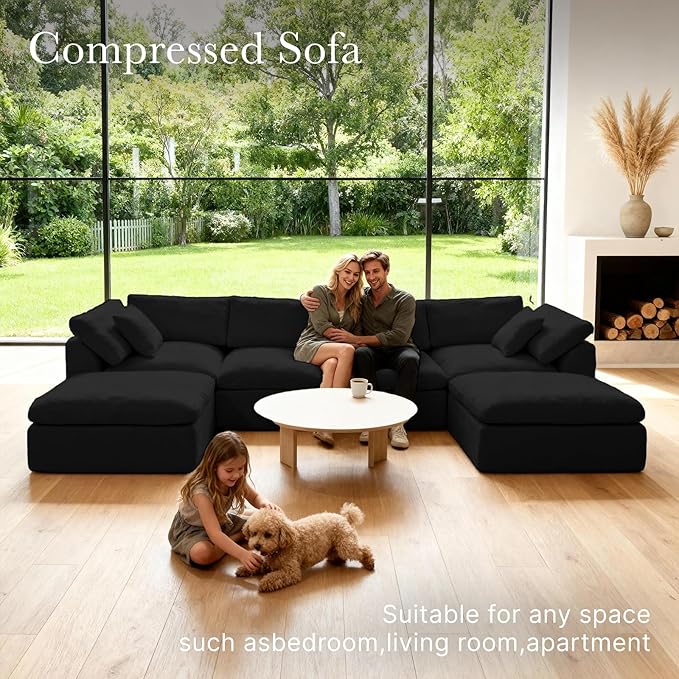 Cloud Modular Sectional Sofa Couch141” U-Shape Sofa with Wide Armrest Modern High-Density Sponge Compressed Couch for Living Room BedroomNo Assembly Needed (Black 4 Seats+ 2 Ottoman)
