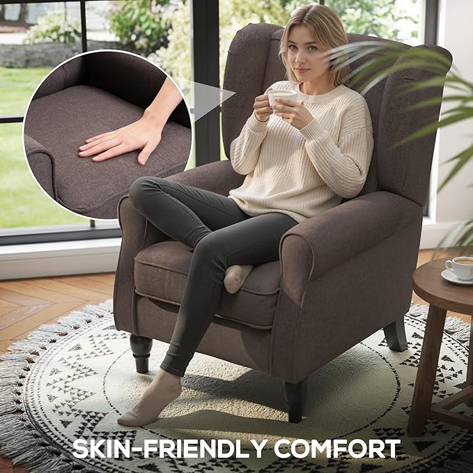HOMCOM Mid-Century Modern Accent Chair High Wingback Chair Button-Tufted Upholstered Fabric Armchair with Retro Wood Legs for Living Room Bedroom Dark Brown