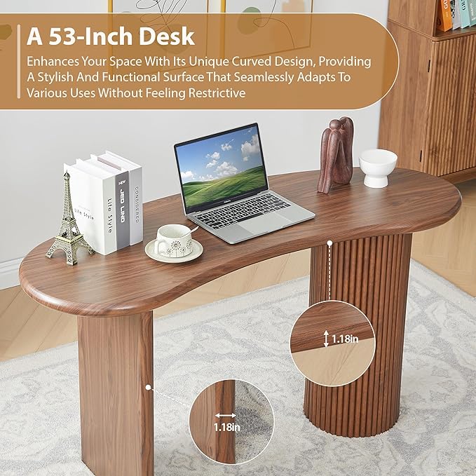 LEVNARY 54.3 Curved Small Computer Desk Wooden Executive Desk with Sturdy Fluted Legs Modern Luxury Corner Single Writing Vanity Desk for Bedroom Living Room Home Office (Walnut)