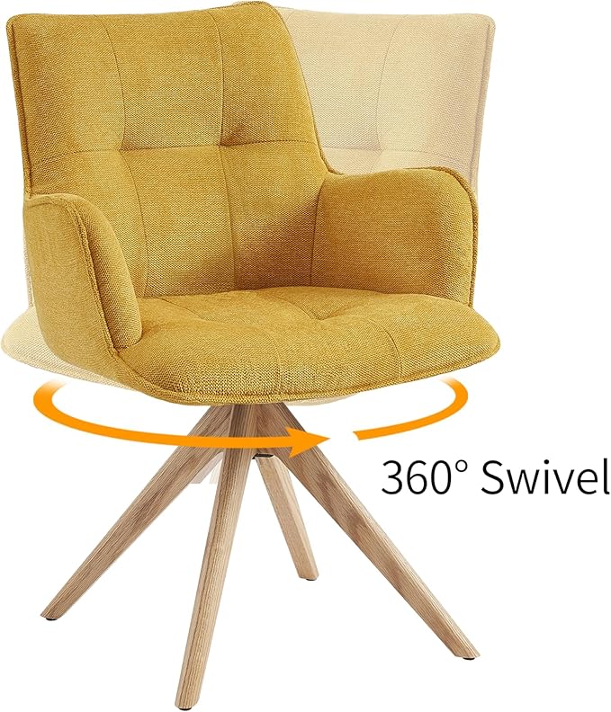 Art Leon Mid Century Modern Desk Chair - Fabric Upholstered Office Chair No Wheels Swivel Armchair with Oak Wood Legs for Small Space Living Room Bedroom Set of 2 Yellow
