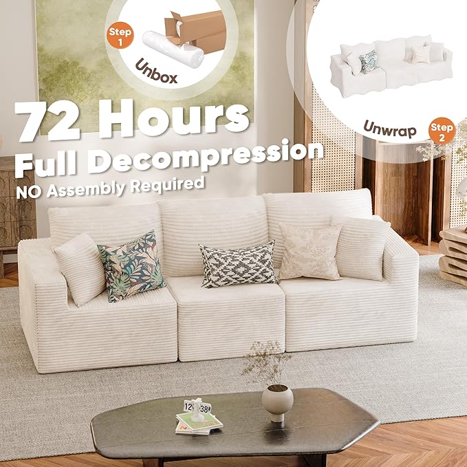 JUMMICO Boneless Couch with Deep Seat and Ottoman Modular Sectional Sofa with Body Support Corduroy Couches for Living Room Apartments Bedroom No Assembly Required (Beige Three Seater)