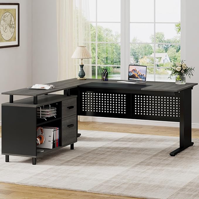 Tribesigns 63 Inch Executive Desk with File Cabinet L Shaped Office Desk with Drawers and Storage Shelves Business Furniture Set Workstation for Home Office Gray and Black