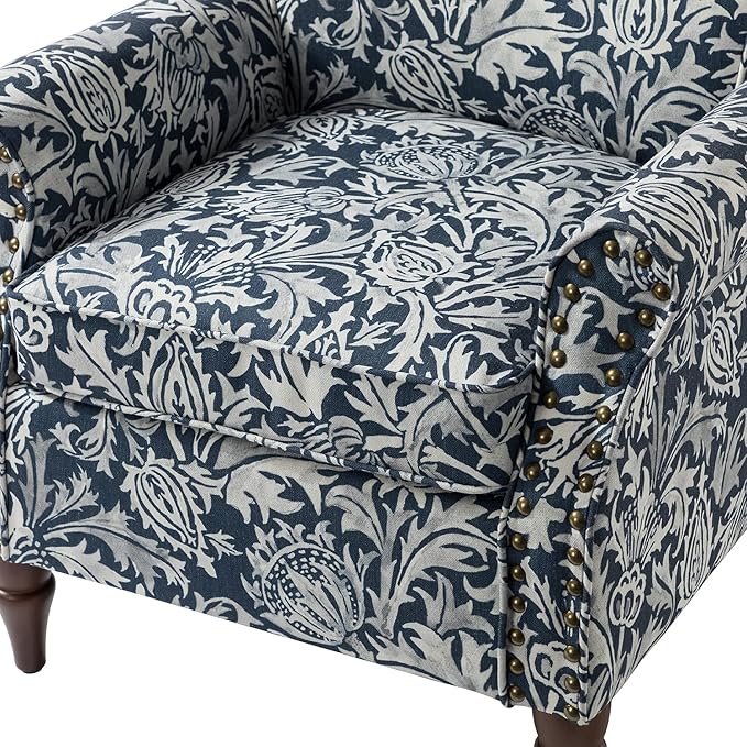 Wingback Accent Chair with Wood Legs Modern Comfy Upholstered Armchair with Removable Cushion and Nailhead Trim Floral Pattern Single Sofa Reading Chair for Living Room Bedroom