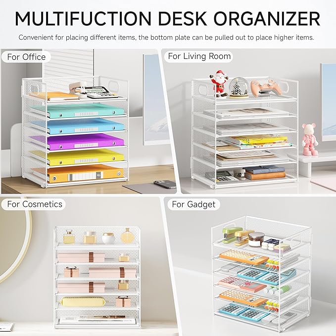6 Tray Paper Organizer Letter Tray with Handle - Mesh Desk File Organizer Paper Sorter Organizer for Office Home or School File Folder Holder - White