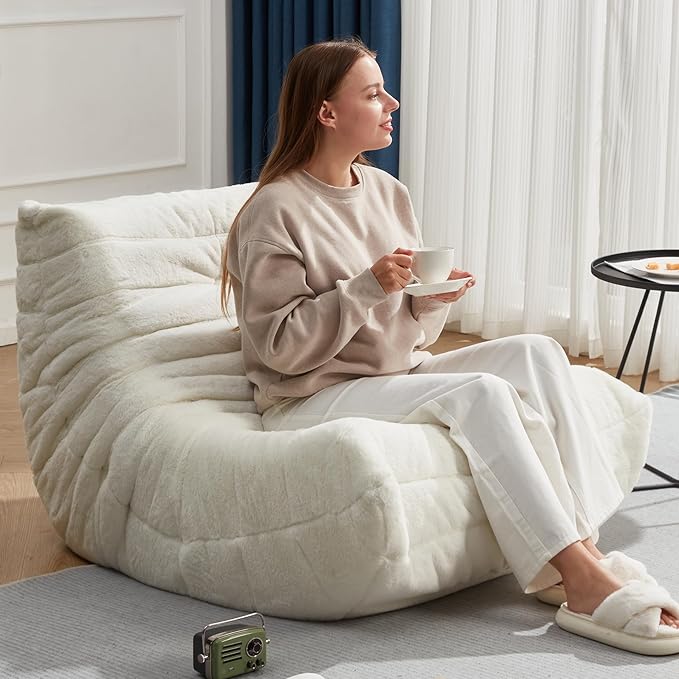 Bean Bag Chairs for Adults Giant Bean Bag Chair Memory Foam BeanBag Chair Bean Bag Sofa with Filler Faux Fur Fireside Beanbags Lazy Sofa for Living Room Bedroom Office (White Plush Single)