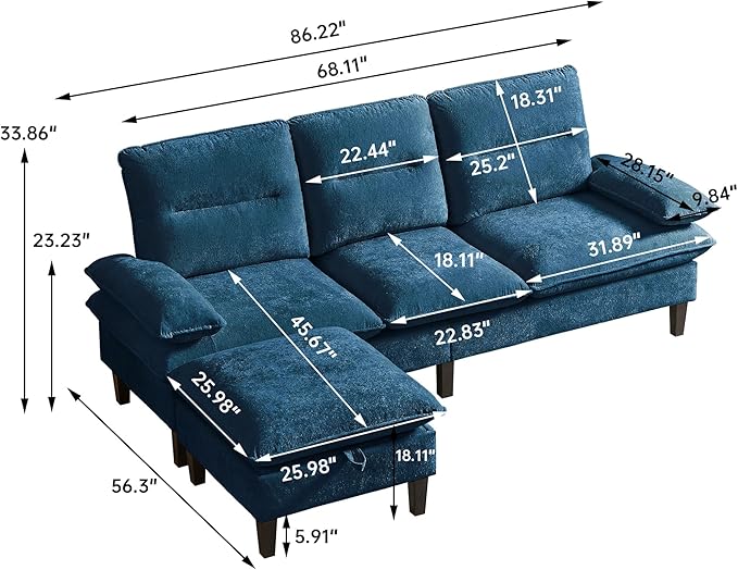 86'' Chenille Sofa with Storage Ottoman Modern Living Room Sofa with Removable Washable Cushion 3 Seater Comfy Couch for Apartment Bedroom Office (Blue)