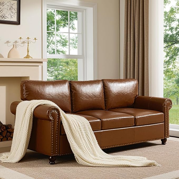 79” Leather Sofa Couch with Storage Mid Century Modern Rolled Arm Couches for Living Room Furniture Nailhead Trim Brown
