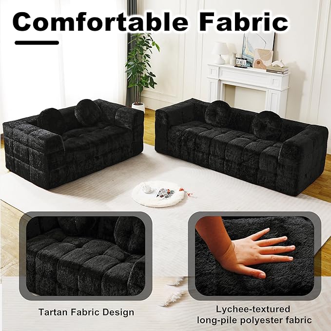 2 Piece Modern Boneless 86 3 Seater + 66 Loveseat Sofa with Two Throw Pillows Lychee-textured Long-pile Polyester Fabric Checkered Fabric Design Foam Couch (Black 3-Seater+Loveseat Sofa)