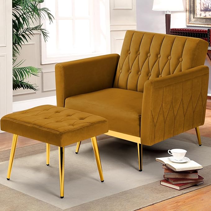 Velvet Accent Chair with Adjustable Armrests and Backrest Button Tufted Lounge Chair Single Recliner Armchair with Ottoman and Pillow for Living Room Bedroom Ginger