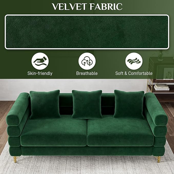 Cloud Couch for Living Room 79 Modern Overstuffed Deep Seat Velvet 3 Seater Sofa with 3 Pillows Comfy Upholstered Oversized Loveseat for Bedroom Office Emerald Green Velvet