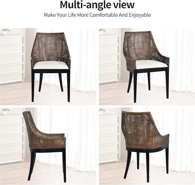 DUHOME 2 Sets Natural Cane Mesh Rattan Accent Chairs Tropical Coastal Woven Back Armchairs with Beige Fabric Cushion &amp Black Tapered Wood Legs Coastal Chairs for Living Room Bedroom