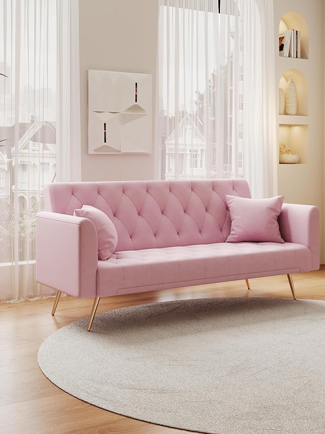 71 Convertible Velvet Futon Sofa Bed Loveseat with Multiple Adjustable BackrestsModern Sleeper Couch with Golden Metal Legs for Living RoomApartmentOfficePink