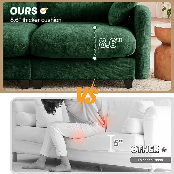 107 Modular Sectional Sofa Comfy U Shaped Cloud Couch with Ottoman Chenille Sofa Sleeper Deep Seat Sofas with Throw Pillows for Apartment-Green