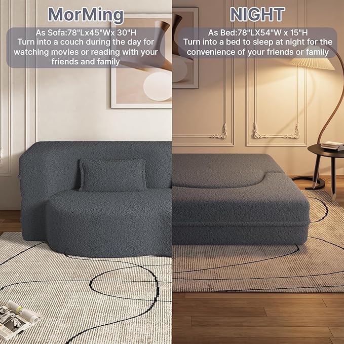 78 Inch Couch Queen Sleeper Sofa Bed Loveseat Cloud Convertible Folding Teddy Full Size Boneless Sofabed for Living Room Guestroom Lazy Lounge Floor Fold Out Sofa Bed No Assembly