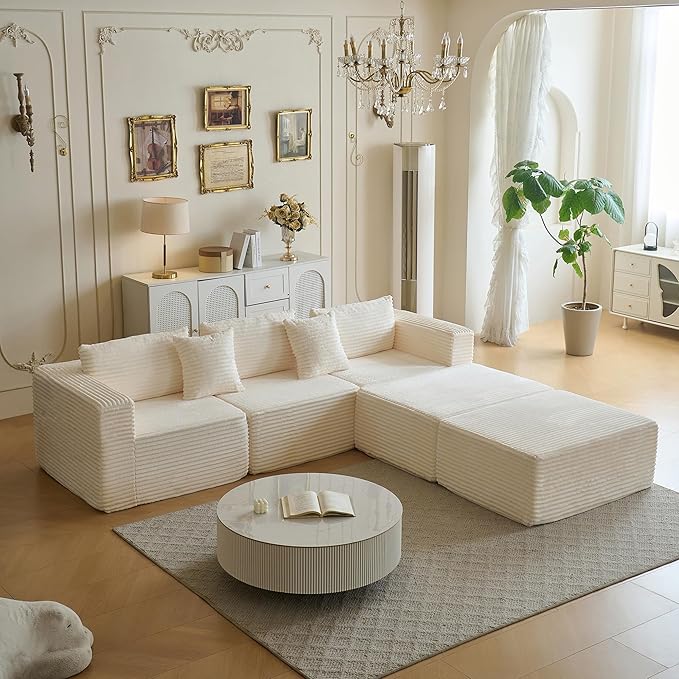 110 Modular Sectional Couch with 2 Movable Ottoman Cloud Sofa Couches for Living Room U Shaped Deep Seat Boneless SofaLuxury Corduroy Fabric No Assembly Required White