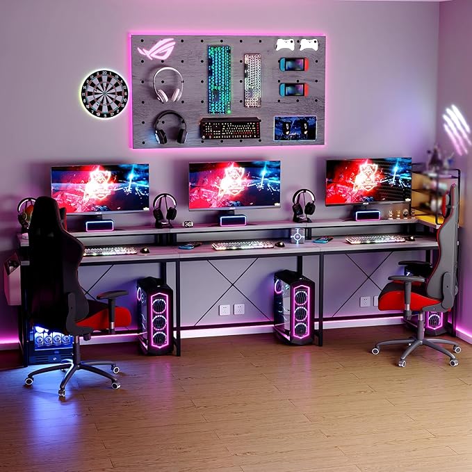 U Shaped Computer Gaming Desk 79’’ Reversible l Shaped Computer Desk with Power Outlet &amp LED Strip Office Desk with Monitor Stand Large Corner Desk with Storage Bag for Bedroom Office Grey