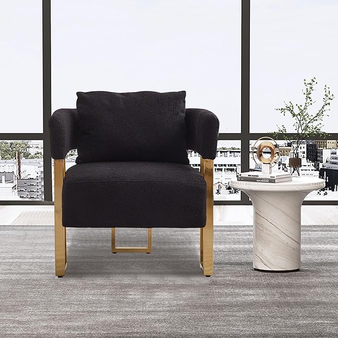 Oversized Black Teddy Accent Chair Modern Barrel Chair with Gold Legs Metal Frame Upholstered Armchair for Bedroom Living Room Sofa Chair Club Side Chairs Home/Business (Set of 2 Black)
