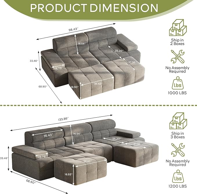 STHOUYN 134 Boneless Couch with Ottoman &amp Higher Backrest Modular Sectional Sofa for Living Room Corner Cloud U Shaped Couch (Grey 134 Inches)