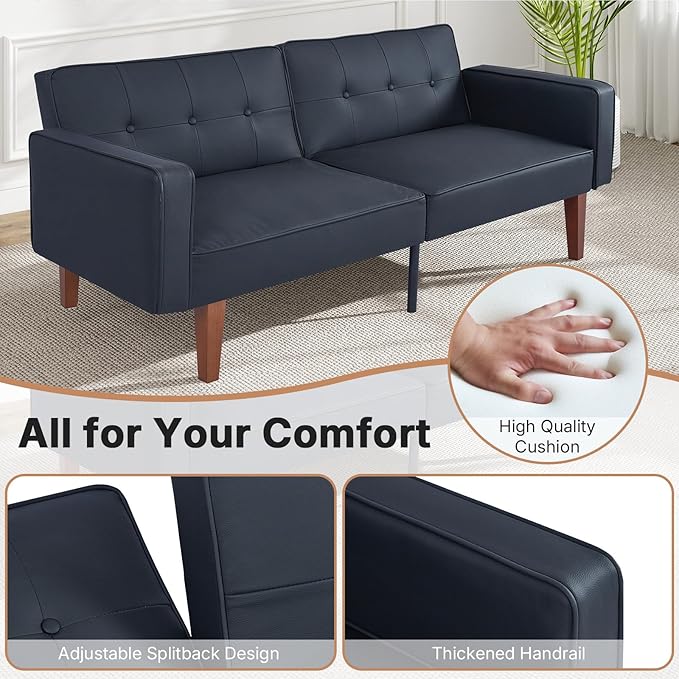 Futon Sofa Bed Leather Futon Couch Loveseat Convertible Recliner Lounge with Adjustable Backrest Foam and Spring Cushions for Living Room Apartment Office PU Leather Matte Black