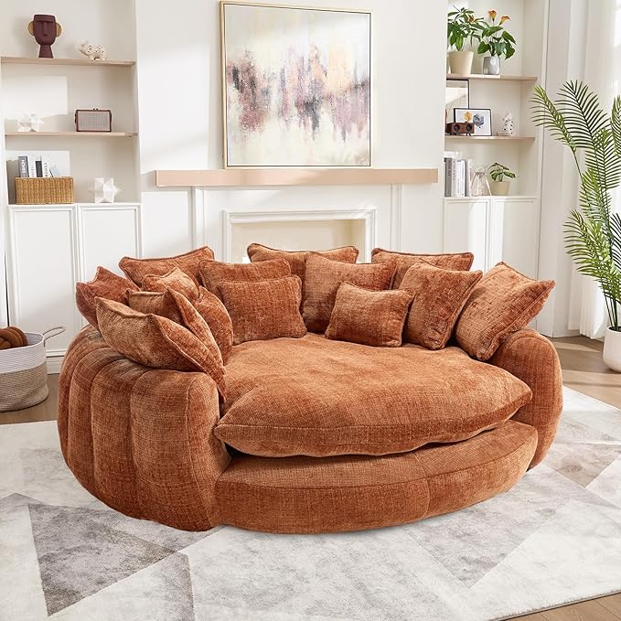 81'' Cloud Couches for Living Room Comfy Circle Round Couch Bed with 14 Pillows Upholstered Boneless Couch Oversized Chaise Lounge Chair Indoor Extra Wide Round Daybed Floor Sofa (Orange)