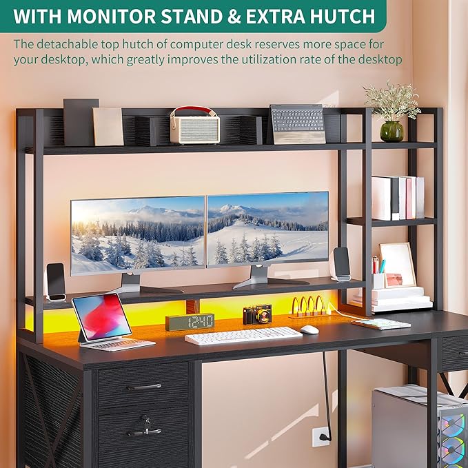 YITAHOME Computer Desk with Drawers &amp Hutch 59.1 Office Desk with LED Lights &amp Power Outlets Gaming Desk with Monitor Stand &amp Storage Shelves Black