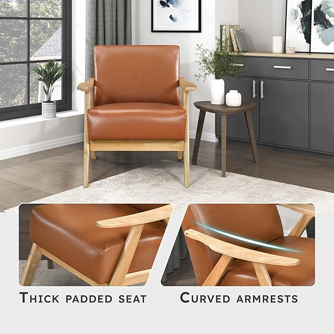 Lexicon Mid Century Modern Accent Chair with Solid Wood Frame in Natural Finish Faux Leather Living Room Lounge Arm Chair Thick and Comfy Innerspring Seat Cushion Brown