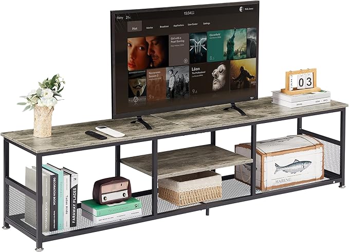 VECELO TV Stand for Televisions up to 80 Inch 70 Entertainment Center with Open Storage Shelves for Living Room/Bedroom 3 Tiers Media Console Table Frame 70 Inches Grey +Metal
