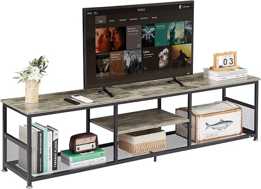 VECELO TV Stand for Televisions up to 80 Inch 70 Entertainment Center with Open Storage Shelves for Living Room/Bedroom 3 Tiers Media Console Table Frame 70 Inches Grey +Metal
