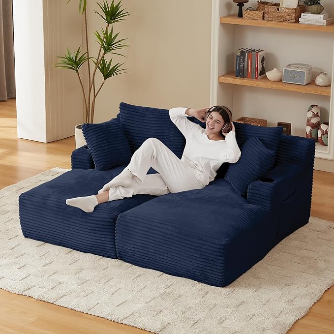 Double Chaise Lounge Sofa Boneless Cloud Couch Bed with Cup Holders and Side Pockets Comfy Deep Seat Sleeper Sectional Loveseat Chair for Living Room (Blue 2 Seat)