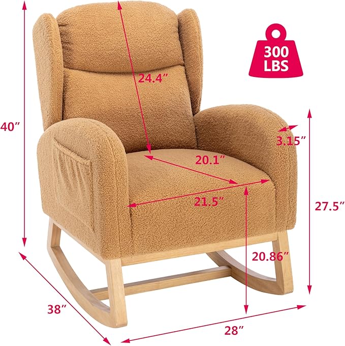 Setawix Teddy Rocking Glider Chair for NurseryUpholstered Living Room Rocker Arm ChairLeisure Sherpa Wingback ArmchairMid Century Modern Rocking Accent Chair with Side Pockets (Wingback Khaki)