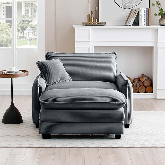 Oversized Deep Seat Single Sofa Chair 46 in Stylish Accent Couch Chair with Ottoman Footrest &amp One Throw Pillow Modern Upholstered Corduroy Fabric Comfy Armchair for Living Room Bedroom Grey