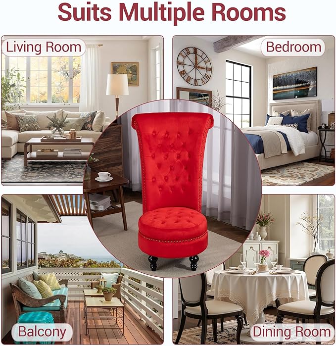 Throne Royal Chair High Back Velvet Accent Chair with Hidden Storage Button Tufted Vintage Armless Chair for Living Room Bedroom Office Red