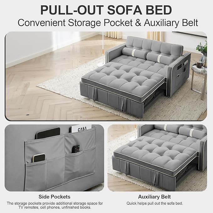 3-in-1 Convertible Sleeper Sofa Bed55.5 Modern Velvet Tufted Pull Out Couch BedFuton Small Love Seat Sofa with Adjustable Backrest&ampCylinder Pillows for Living RoomBedroomApartment(Grey)