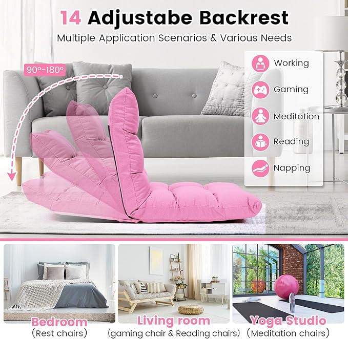 ERGOMASTER Pink Floor Gaming Chair Memory Foam Folding Floor Chair14-Position Adjustable Gaming Chair 264 lbs Capacity for Video Games Relaxing Reading Lightweight Foldable Recliner for Adults