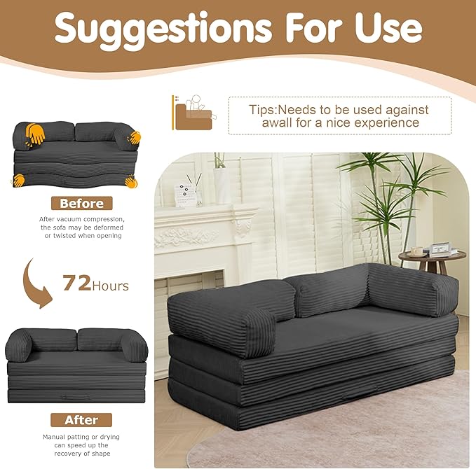 Convertible Sofa Bed Full5-in-1 Tri-Fold Boneless Couch with Removable Armrests &amp HandleCorduroy Futon Sleeper SofaFloor Folding Mattress Pull Out Bed for Small Space Apartment Living Room Bedr