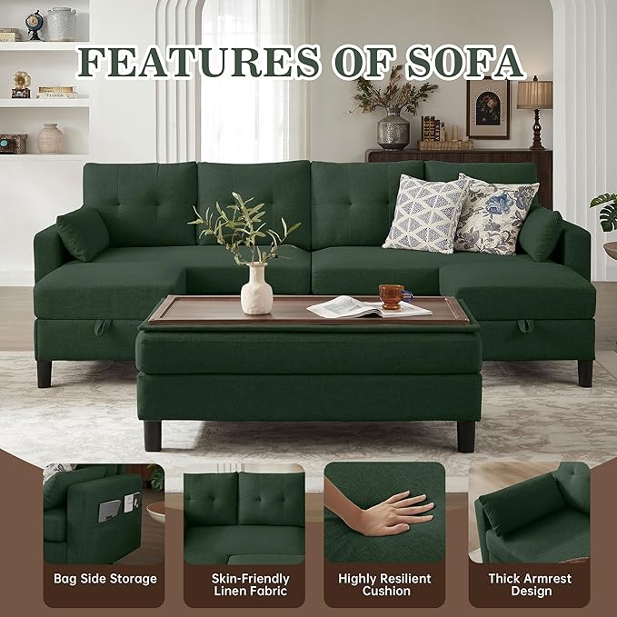 101 Convertible Sectional Sofa Modern Linen Fabric U-Shaped Couch with Reversible Chaises and Ottoman Coffee Table 4 Seat Sofa Couches for Living Room Apartment Office Green