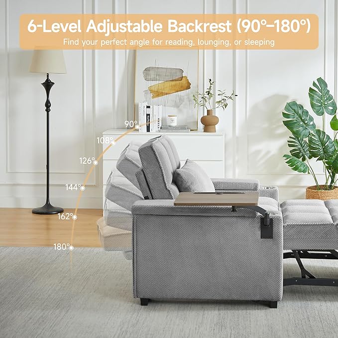 Large Size Convertible Sleeper Chair Futon Sofa Bed Comfortable thick cushion Single Sleeper Sofa Handheld storage and Adjustable Backrest | Reading Chair with Rotating small table (light gray)