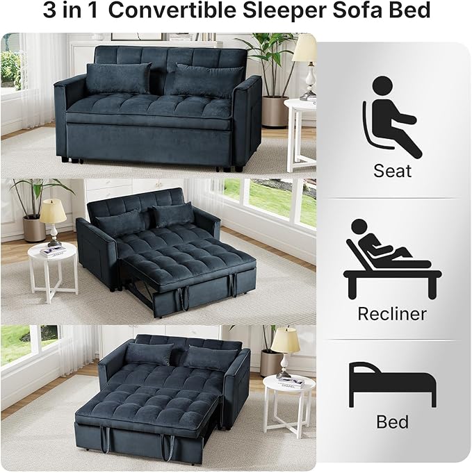 Rovibek 3 in 1 Sleeper Sofa Bed 53'' Pull Out Couch Convertible Futon Loveseat with Adjustable Backrest Velvet Sleeper Chaise Lounge Futon for Apartment Office Small Space Black