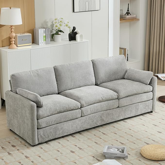 89 Oversized Cozy Upholstered 3-Seater Sofa Comfy Cloud Sofa with Detachable Lumbar Pillow Chenille Fabric Cloud Sofa Double Cushion Couch for Living Room (Light Grey-3c)