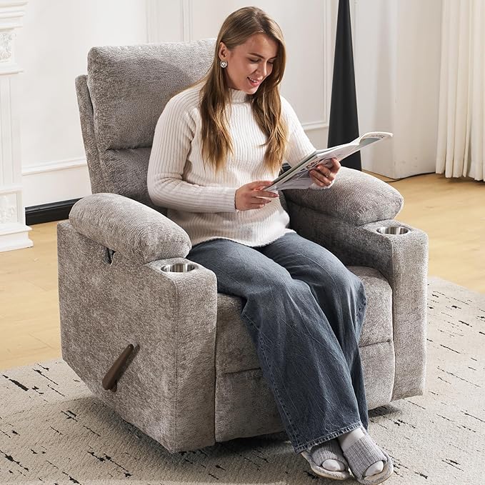 Swivel Rocker Recliner with Adjustable Armrests Rocking Nursery Chair with Adjustable Headrest Cup Holder Manual Recliner Nursing Chair for Breastfeeding Chenille Light Grey