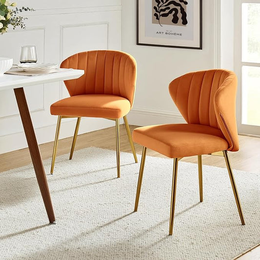 HULALA HOME Dining Chairs Set of 2 Velvet Upholstered Kitchen &amp Dining Room Chairs with Metal Legs Vanity Chair Armless Side Chairs for Living Room Bedroom Restaurant Channel Curved Backrest Ora