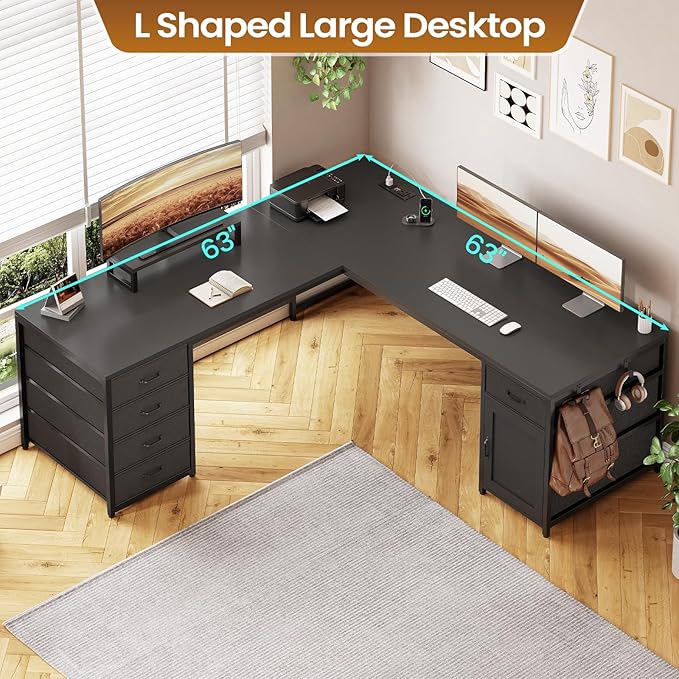 Sedeta SEDETA L Shaped Desk 63'' Computer Desk with 5 Drawer &amp Power OutletLong Home Office Desk or Corner Desk L Shaped Corner Desk with Monitor Shelf Storage Cabinet Black